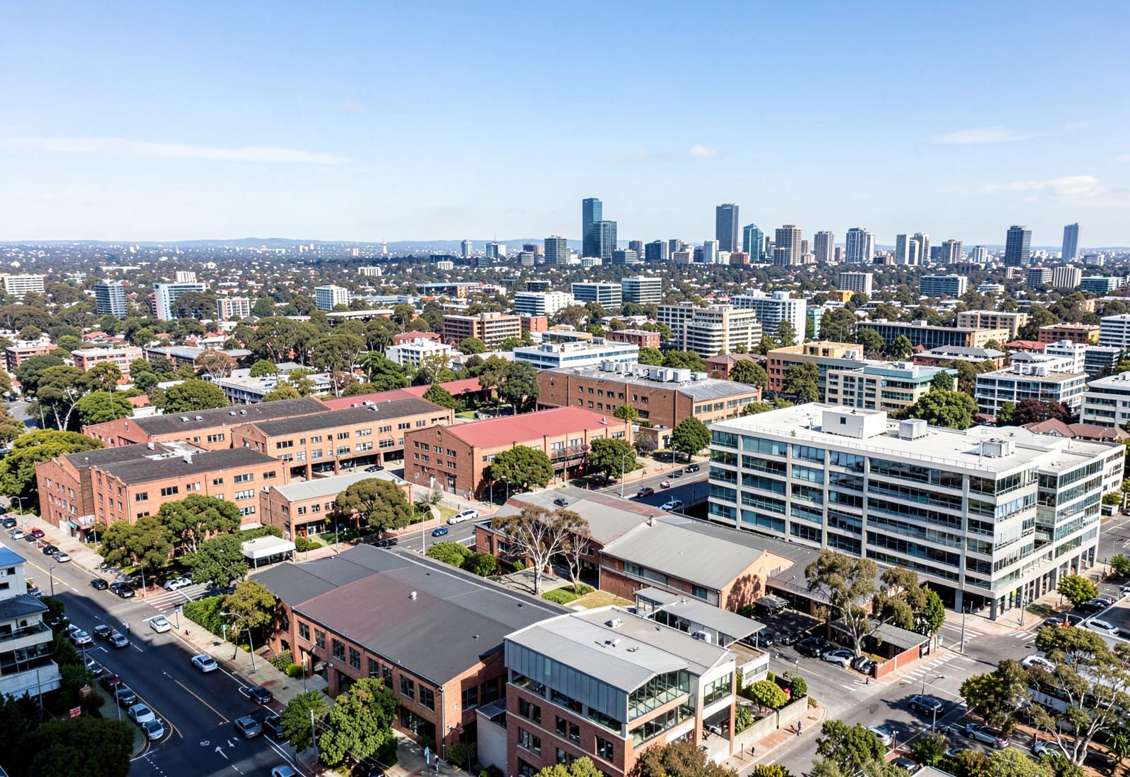 Melbourne commercial precinct with the city skyline beyond