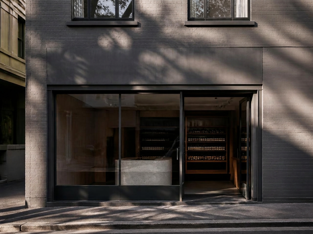 Modern small business shopfront with large glazed windows on a quiet commercial street.