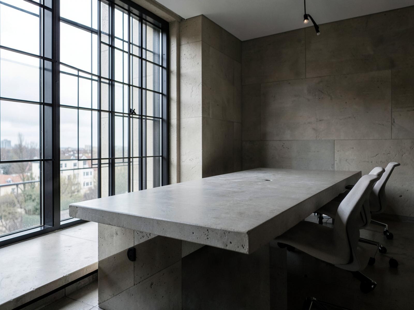 An empty concrete-topped meeting table beside a tall steel-framed window.