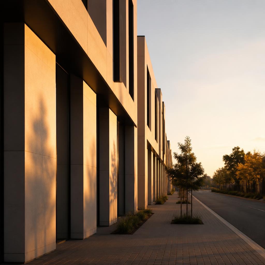 A modern commercial street at golden hour, long shadows and warm light.