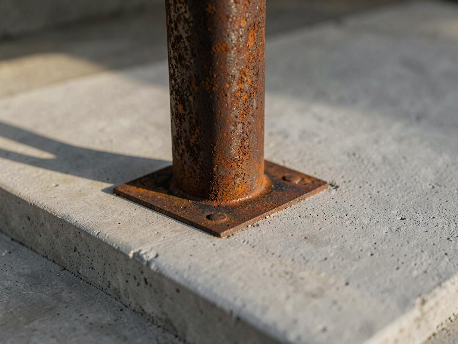 Close detail of a rusted steel column base meeting a concrete slab.