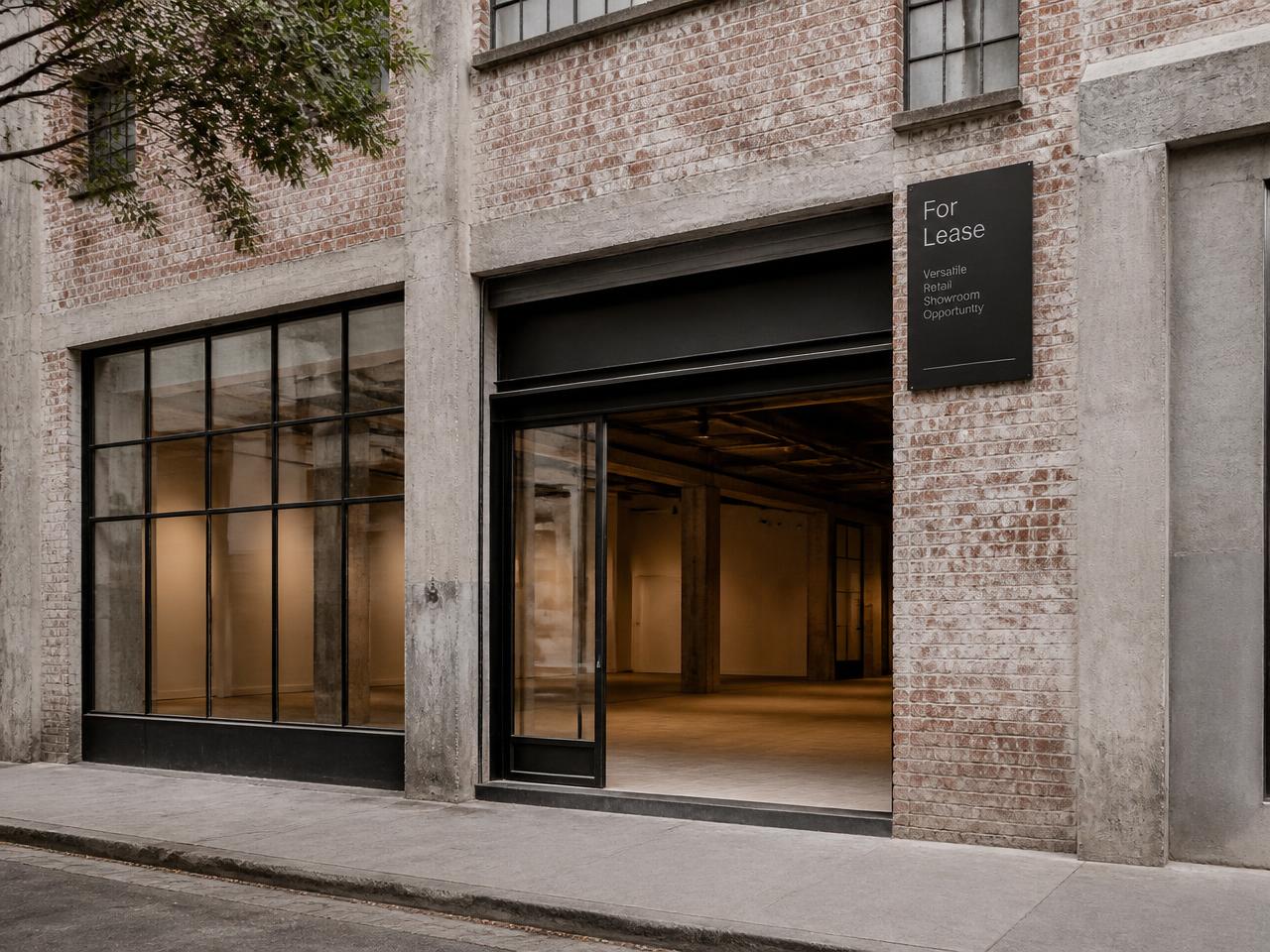 A vacant commercial tenancy with a discreet lease sign on the facade